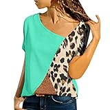 AHAYAKU Große Größen Damen Asymmetric Neck Patch Tasche Color Block Leopard T-Shirts