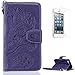 Produktbild CaseHome iPhone SE/5S/5 Hülle (Mit Freiem HD Schirmschutz) Geprägter Henna Blume Muster Buch-Stil Folio Magnetic Schließung Portemonnaie Stilvolle Elegante Design mit Kreditkartensteckplätze und Abnehmbarer Handschlaufe Gummi fit stehen PU Leder Flip Stoßfest Etui Abdeckung Haut Schale für Apple iPhone SE/5S/5-Lila