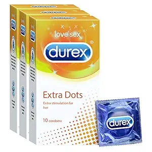 Durex Extra Dotted Condoms for Men - 10 Count (Pack of 3) | Ribbed and Dotted for Extra Stimulation | Suitable for use with lubes & toys