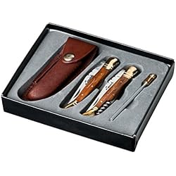 2x navaja de acero plegable para caza montaña pesca + funda de cuero + lima + estuche 6033