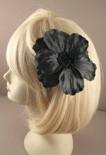 Black fabric poppy on a forked beak clip with brooch pin. I-9234