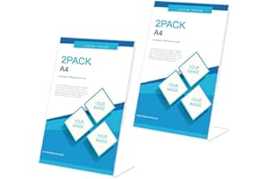 Basong A4 Display Stand, 2 Pack A4 Acrylic Sign Holder Clear L-Shape A4 Perspex display stand, A4 sign holder for Menu, Shop, Office, Hotel, School, Picture, Documents