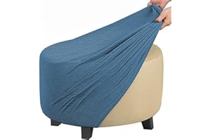 GUNDAN Round Footstool Cover Gray Stretch Ottoman Cover, Fabric Removable Large Stretch Pouffe Cover Anti-Slip Foot Stool Jacquard Slipcovers With Elastic Bottom, Machine Washable