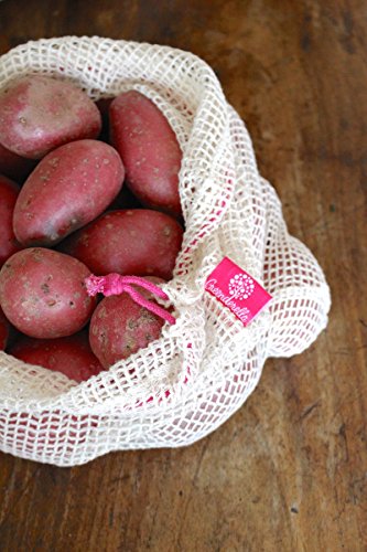 Wiederverwendbare Obst- und Gemüsebeutel aus Bio-Baumwolle mit Kordelzug – Einkaufsnetz / Lebensmittelbeutel im 2er Set pink (L,M) - 3