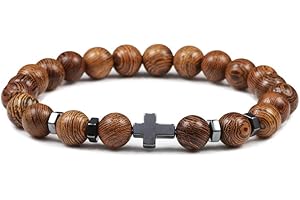 GFYWZ Pulseras,Hot Men Natural Lava Stone Bead Pulseras De Obsidiana Cruz Rosario Meditación Oración Jesús Turquesa Pulsera Mujer Yoga Joyería, Cuentas De Madera, Ajustable