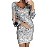 iHENGH Karnevalsaktion Damen Frühling Sommer Rock Bequem Lässig Mode Kleider Frauen Röcke Sexy Solide Pailletten Stitching Shining Club Mantel Langärmeliges Minikleid