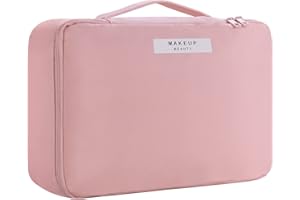 HCFGS Travel Makeup Bag [with Brushes Holder & Detachable Pouch] Cosmetic Bag Large Capacity Waterproof Makeup Case Storage Organiser for Women & Girls (Pink)