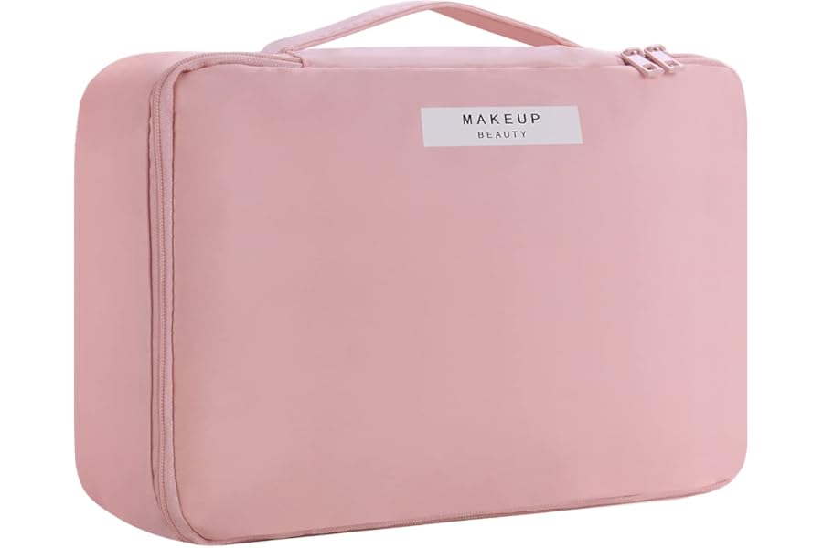 Travel Makeup Bag [with Brushes Holder & Detachable Pouch] Cosmetic Bag Large Capacity Waterproof Makeup Case Storage Organiser for Women & Girls (Pink)