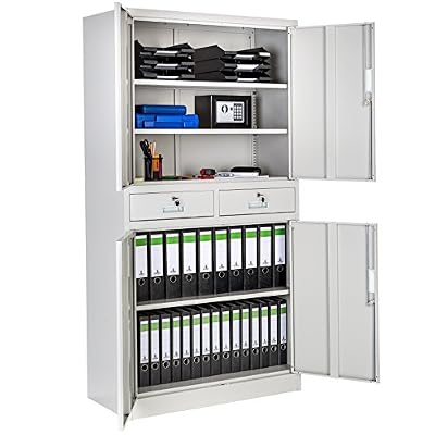 TecTake Armoire de bureau metallique avec 4 portes battantes et 2 tiroirs verrouillable 180x90x40cm