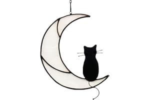 Ling & Bai Black Cat Decor On White Moon Window Hanging Windows Panels Sun Catcher Halloween Ornament Decoration Memorial Gift for Kitten Lover(Black cat)