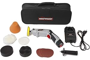 ‎DINO KRAFTPAKET Dino KRAFTPAKET 640256 10.8V-Akku Poliermaschine Multiplex 75mm-Teller 600-3.000U/min mit drehbarem Gehäuse für Stab-oder Pistolenform. Komplett-Set mit Pads Polierteller Schnelladegerät, Tasche, Grau