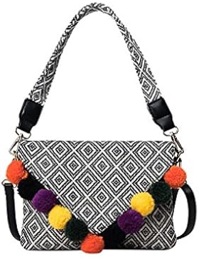 Kleine Umhängetasche mit Umschlag in Ethno Style Damen Henkeltasche Clutch mit Bunt Bommeln Mini Tasche Handtasche...