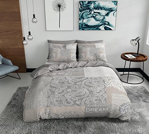 Literie Sasa Craze 100 % coton, en mosaïque - Beige - Avec housse de couette et taies d'oreiller, beige, Simple