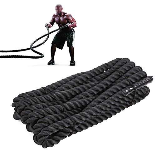 FEMOR Battle Rope 9/12/15M Schwarz Fitness ∅ 3.8cm Tau Trainingsseil für Sprung- Kletter- CrossFit-Training, Kraftausdauer und Tauziehen Schlagseil Schlangenseil Schwungseil - mehr Stabilität