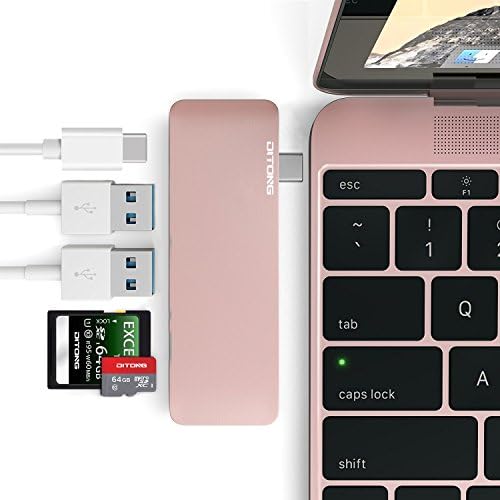 DITONG Type-C USB 3.0 Hub C 5 in 1 Aluminum Multi-Port Adapter with 2 USB 3.0 ports, a SD and Micro SD Card slots and a USB-C Charging port for 12 I MacBook Pro 2015/2016, 2017 MacBook Pro (Gold Rose)