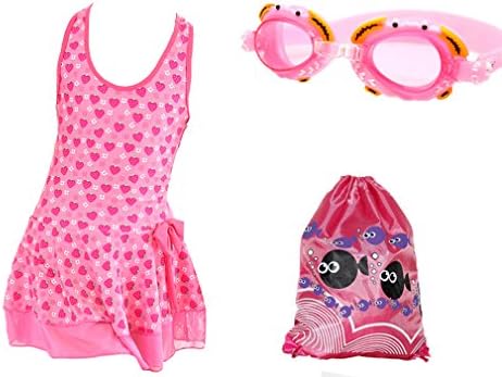 SHOLIND Girls Summer Beach Bowknot Rushguard One-piece Swimsuit With Cap Goggles Set (S, Pink)