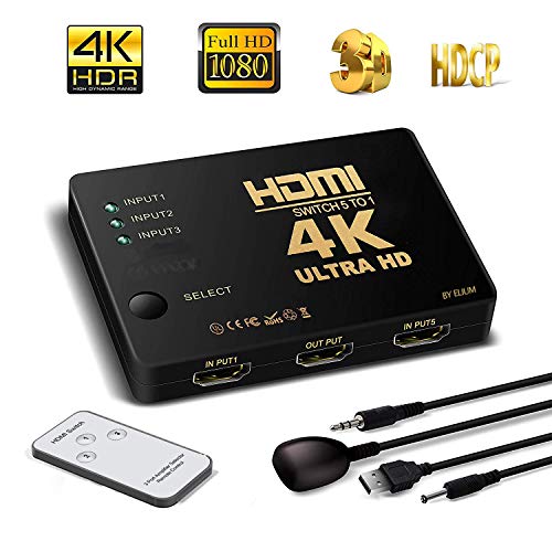 HDMI Switch Hub 4 K UHD, HDMI Conmutador automáticamente with IR Remote, Support HDCP 3D, CEC, ARC, Full HD 1080p, Ultra HD 2160p, resolución: hasta 4 K a 30 Hz for PC, Laptop, Xbox