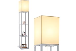 ‎DEANIC DEANIC Stehlampe Wohnzimmer mit Regal, LED Stehlampen für Schlafzimmer mit Glühbirne, Büro Stehleuchte, Lampenfassung E27 (Grau)
