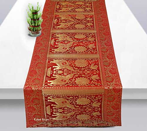 Christmas Gift Red Gold Banarsi Brocade Silk Table Runner for Dining Table 6 & 4 Seater Elephant Peacock Centre Table Top Decor Rectangle | 60x16 Inches (152x40 cm)