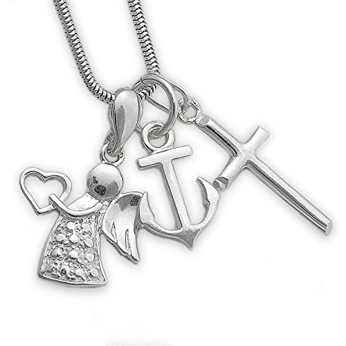 4 teilige Silberschmuck Kreuz Schutzengel-Herz Anker Anhänger mit Silber Venezianerkette 40 45 50 55cm – Glaube Liebe Hoffnung Tauf Schmuckanhänger Set #1368
