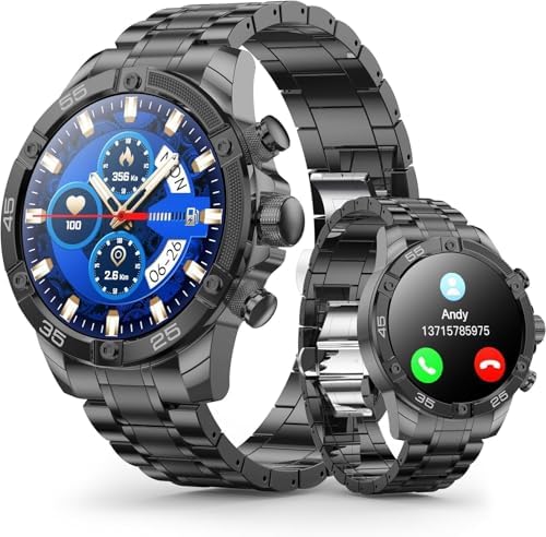 OHUGNA Smart Watch rotondo HD 1,54 pollici oro blu Smart Watch da uomo, molteplici modalità sportive, chiamate vocali Bluetooth, disponibile per iOS e Android (tutto cinturino in acciaio nero)