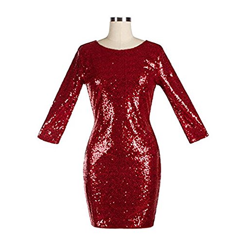 BAINASIQI Damen Sexy Paillettenkleid Minikleid Kurz Cocktailkleid Partykleid Abendkleid mit Rückenfrei V-Ausschnitt Design (Rot, XL) - 4