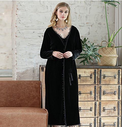 XHO Gold Velvet Ladies Fall / Winter Pajamas Warm Nightdresses Hotel-Style Home Service,Black,M