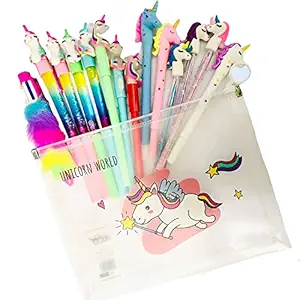 Neel Combo of Unicorn Stationery Pens and Pencils Combo of 3 Unicorn Pencil, 10 Unicorn Pen, and 1 Fur Pen 6in1 Pen with Unicorn Transparent Big Pouch Stationery Combo for Kids Best Gift