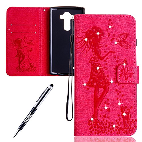LG G4 Case, LG G4 Cover, JAWSEU Creative Diamond Girl and Cat Luxury Premium PU Leather Flip Cover for LG G4 Protector Skin with Soft Silicone Case Credit ID Card Slots Magnetic Closure Kickstand Strap Phone Pouch Smartphone Shell Shock-Absorption Protective Wallet Case for LG G4 H818 H818N H815 H810 LS991 V32 + Stylus Pen - Diamond Girl & Cat, Hot Pink