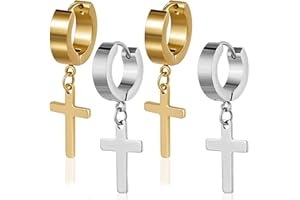 AFCJLTO 2 Pares Aros Pendientes Hombre Acero Inoxidable Pendientes Aro Punk Colgantes Cruz Pendiente Aros Hombres Aretes Negro para Hombres Mujeres(Oro, Plata)