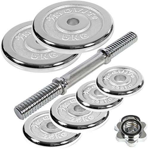 MOVIT® Chrom Gusseisen Kurzhantel Set, Varianten 1×15 bis 1×30 kg, Stangen gerendelt mit Sternverschlüssen Chrom-Hantel-Set - 7