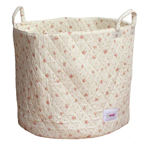Minene Storage Basket Cream Flowers (Large, Pink) - floral storage baskets, round storage baskets, large fabric  storage basket - great for toy storage, kids storage and as a laundry basket