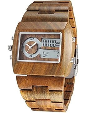 Alienwork Analog-Digital Armbanduhr massive Naturholz LCD Uhr Herren Uhren Multi-funktion Multi Zeitzonen Grünes...