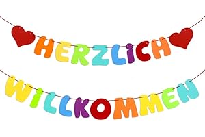 BHGT Herzlich Willkommen Garland Banner Welcome Garland with Hearts for Party Decoration Party Decoration Family Birthday Decoration Birthday as Hanging Decoration Felt