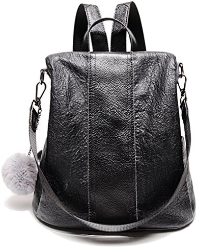 NUCLERL Real Leather Black Women Backpack Handbag Large Shoulder Backpack With Small Cute Fluff Pendant