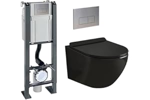 Coribi Pack Complet WC Sans Bride + Cuvette Suspendu Sans Bride + Plaque DESIGN - Toilette Design Moderne - Cuvette Céramique (Bâti chrono autoportant, Plaque inox)