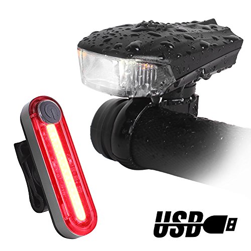 Fahrradbeleuchtung Set, Wiederaufladbare LED Fahrradlampen, inkl. Frontlicht mit störungsfreiem Licht und schaltbares Rücklicht