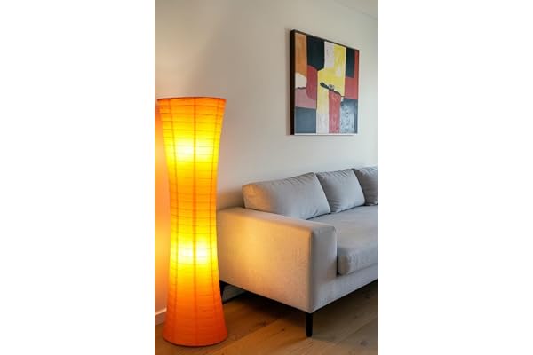 Trango Lampadaire LED en papier de riz 1230L au design moderne *AMSTERDAM* en lampe ronde en papier orange, 125 cm de haut avec 2 ampoules LED E14 comme lampe déco de salon, lampadaire, abat-jour