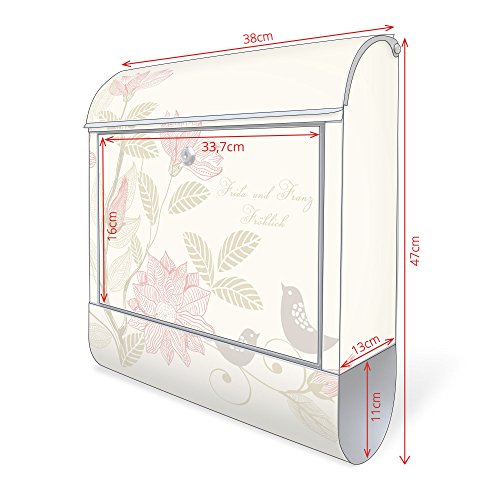 Design Briefkasten mit Zeitungsfach, Designer Motivbriefkasten mit Zeitungsrolle kaufen, für A4 Post, groß, bunt, Briefkastenschloss 2 Schlüssel, von banjado Motiv personalisiert Beschriftung Hausnummer Name Motiv Vogelhochzeit - 2