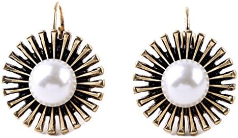 Antique Gold Plated Vintage Sunflower &amp;Simulated Pearl Charm Women Hook Hoop Earrings