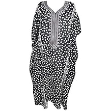 Mogul Interior Women Kimono Kaftan Black Printed Viscose Lounge Caftan One Size