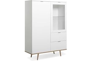 FINORI Highboard Vitrine Göteborg in matt weiß und Sonoma Eiche - Vitrinenschrank mit Massivholz 100 x 140 cm