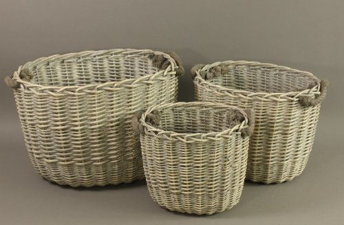 Weidenkorb mit Kordelgriffen groß oval 3-tlg. Set grau-braun 60/48/38 cm
