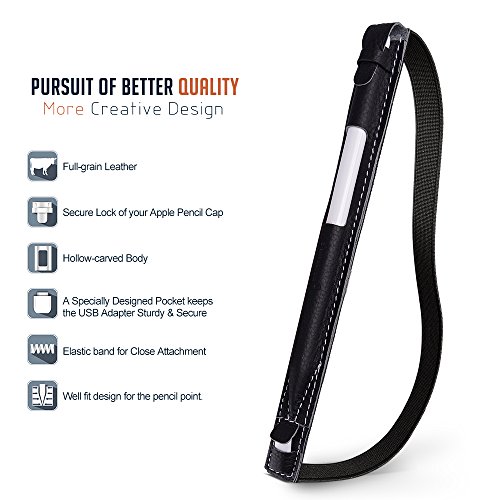 Apple Pencil Halter, Fullmosa® Hochwertige Kunstleder Stifthalter Apple Pencil Hülle Etui mit USB-Adapter-Tasche für iPad Pro 9.7 & iPad Pro 10.5,Schwarz - 2