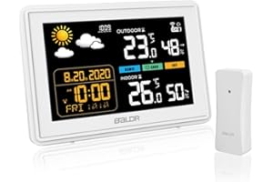 QUUNOOT Wetterstation Funk mit Außensensor, Außen Temperatur und Frostpunktwarnung, Wecker, 3 stufige Farbhelligkeit, Hygrometer mit DCF-Funk Wettervorhersage