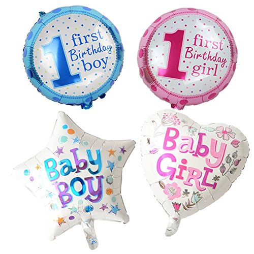 5 x Happy Birthday Dekoration Aufblasbar Helium Folie Ballons, Baby Mädchen Jungen 1. Geburtstag Party Luftballons Set Supplies, Party Dusche Foto Requisiten Pink Blau Zahl rund Herz rose - 3