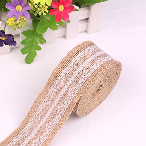 Yalulu 9 Stück 5cm * 2M Vintage Leinwand Hessische Jute Lace Band Handwerk Farbband mit Weisse Spitzen für DIY Handwerk Hochzeit Haus Dekor - 6