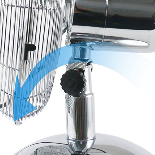 Tischventilator mit 30cm Durchmesser. Chrom Windmaschine mit 3 Geschwindigkeitsstufen und 35Watt Leistung. Die 3 Leistungsstufen und die zuschaltbare Drehfunktion bieten eine optimale Luftverteilung an heißen Tagen. Ventilator ist ideal für zu Hause in den Wohnräumen oder auf der Terasse/Balkon. Auch ideal für das Büro, für die Werkstatt oder beim Campen - 3