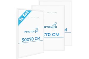 PHOTOLINI Cornici 50x70 cm bianco legno MDF, set di 3 cornici per poster, plexiglass infrangibile, da parete, accessori extra inclusi - per foto, immagini e poster