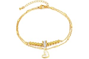 TOEECY Ankle Bracelets for Women Gold Plated Layered Heart Pendant Bracelets Waterproof Adjustable Beads Foot Link Chains Bracelet Summer Anklet Foot Jewelry